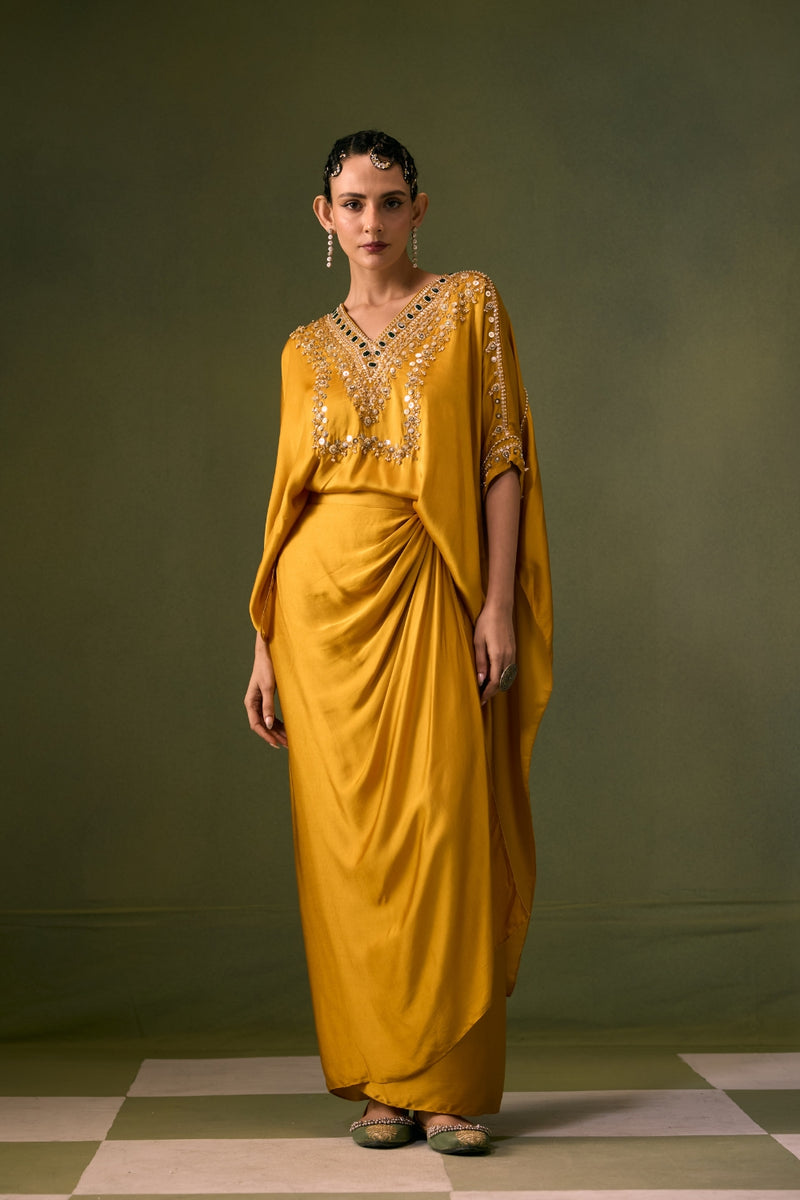 Nexa Antifit Top with Wrap Skirt vegan satin indo-western by PRAHNAAYA in musturd yellow for women Worldwide