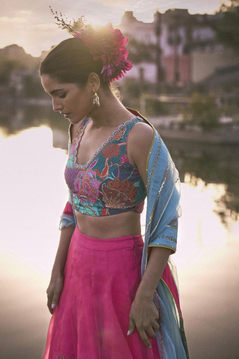GUL FUSHIA ROSE PINK FLORAL LAHENGA SET by Rajiramniq for women Worldwide