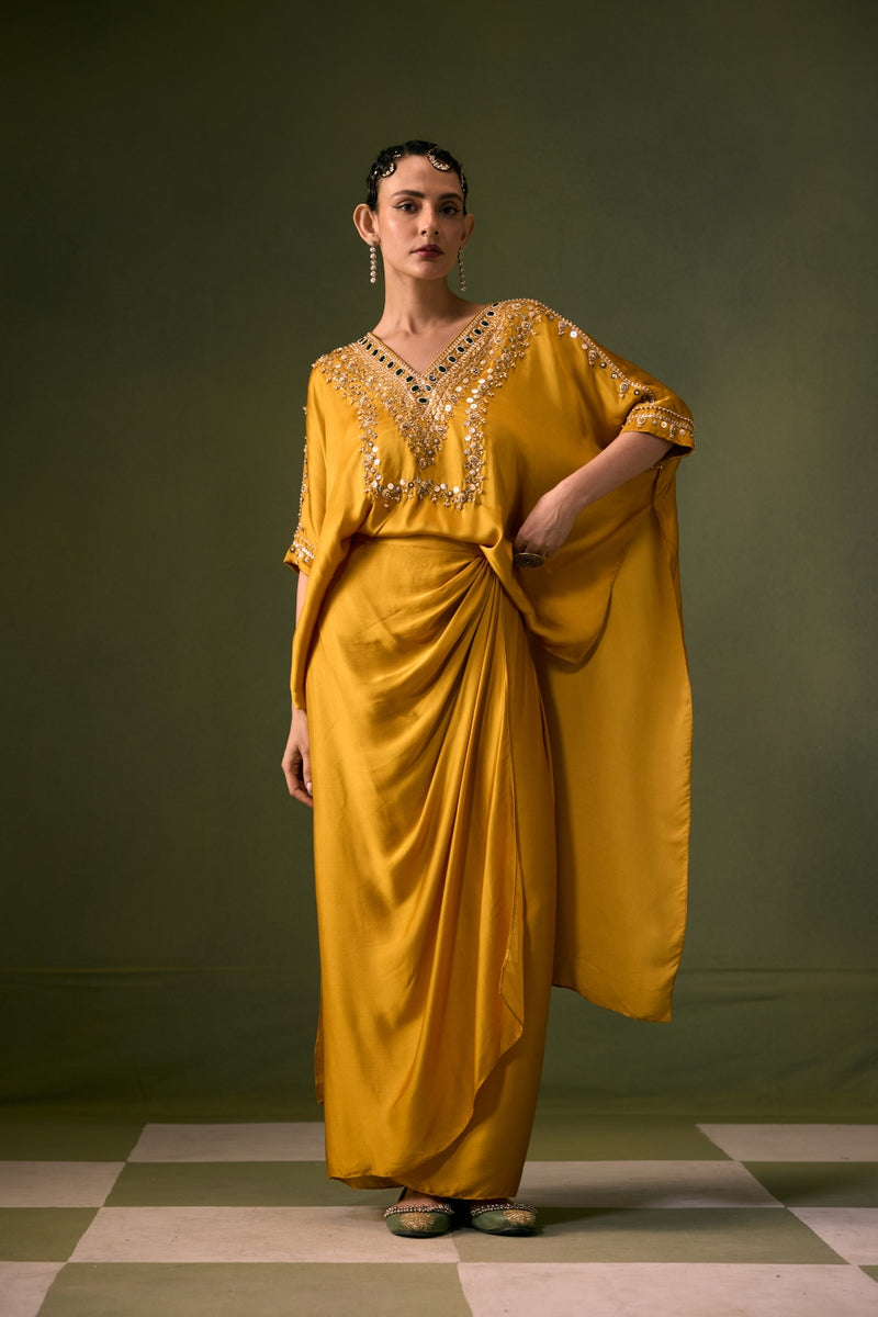 Nexa Antifit Top with Wrap Skirt vegan satin indo-western by PRAHNAAYA in musturd yellow for women Worldwide