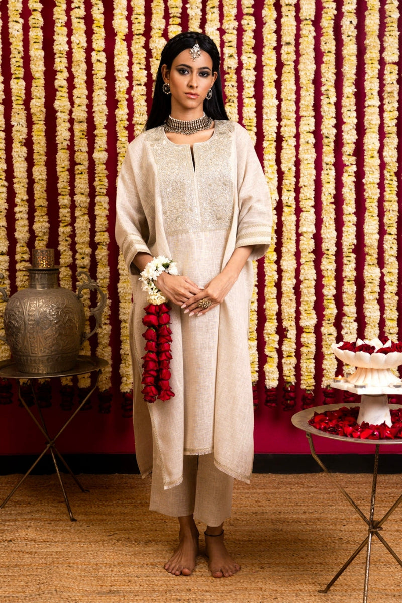 Khaki Linen Square Tunic - Square neckline khaki linen kurta/kurta set by Sabo by Sabina in beige for women Worldwide
