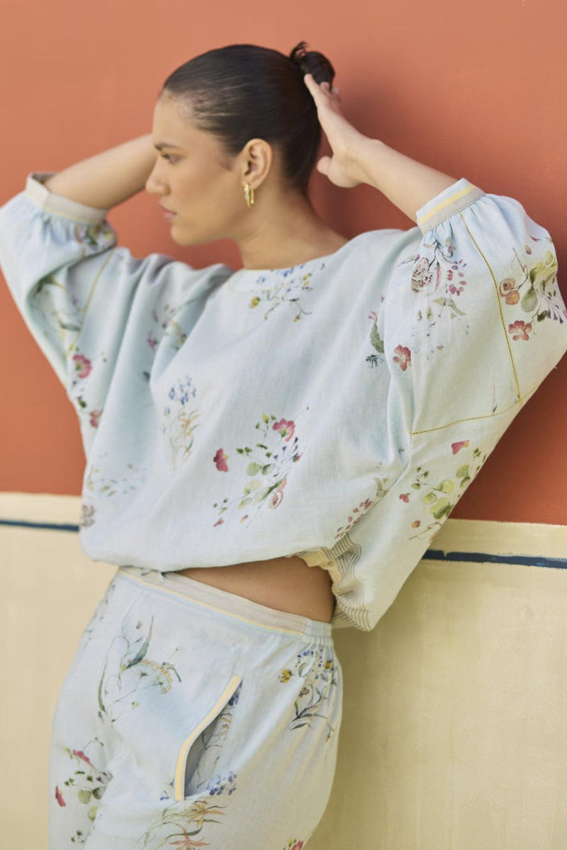 Myra Watercolor Floral Top - Sky by Manan in blue color for women Worldwide
