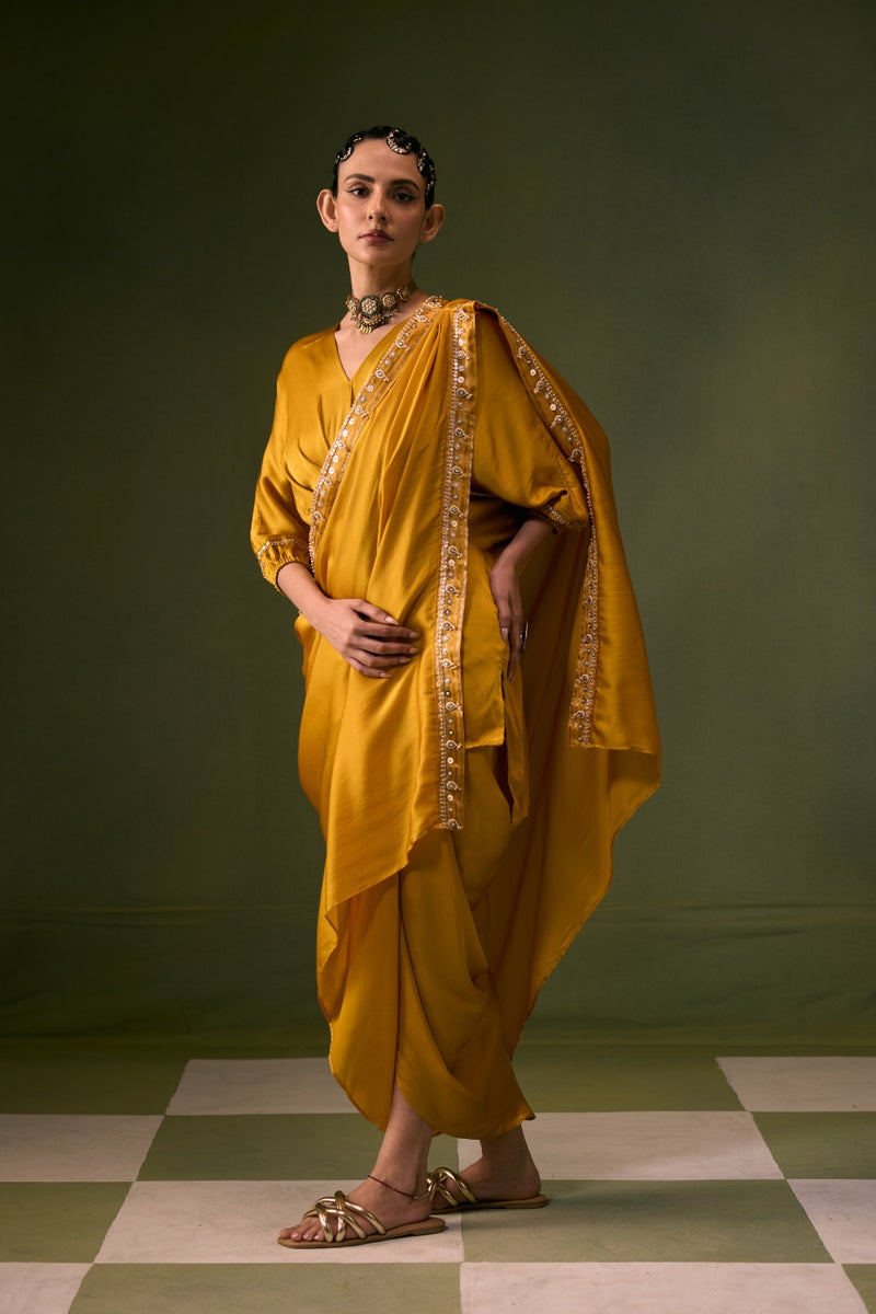 Moro Toga Drape Dress vegan satin, organza satin sarees by PRAHNAAYA in musturd yellow for women Worldwide