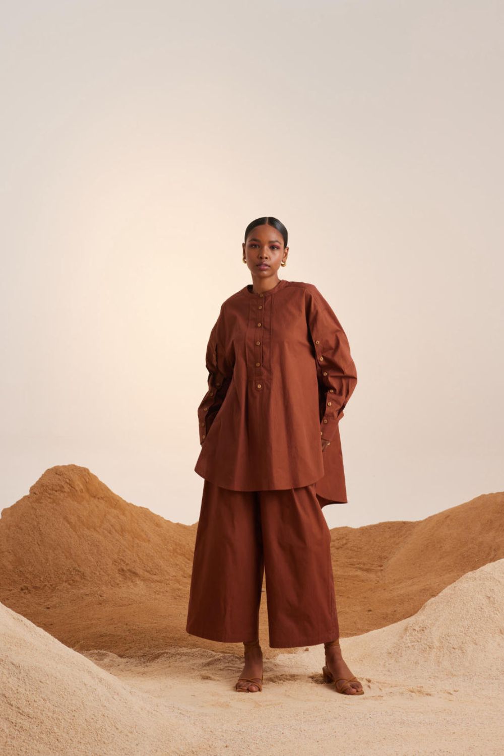 Top Stitched Tunic Set-Rust