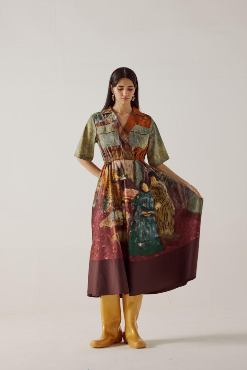Print Blocked Dress-High Tea cotton by CORD in multi for women Worldwide