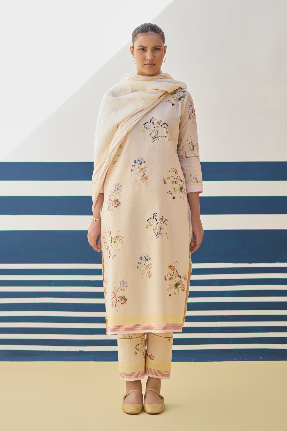 Kera Floral Embroidered Kurta Set
 - Sand