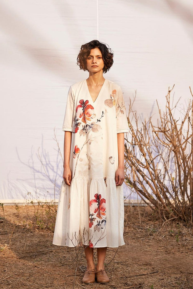 Surfinia floral midi dress by Khara Kapas in red for women Worldwide