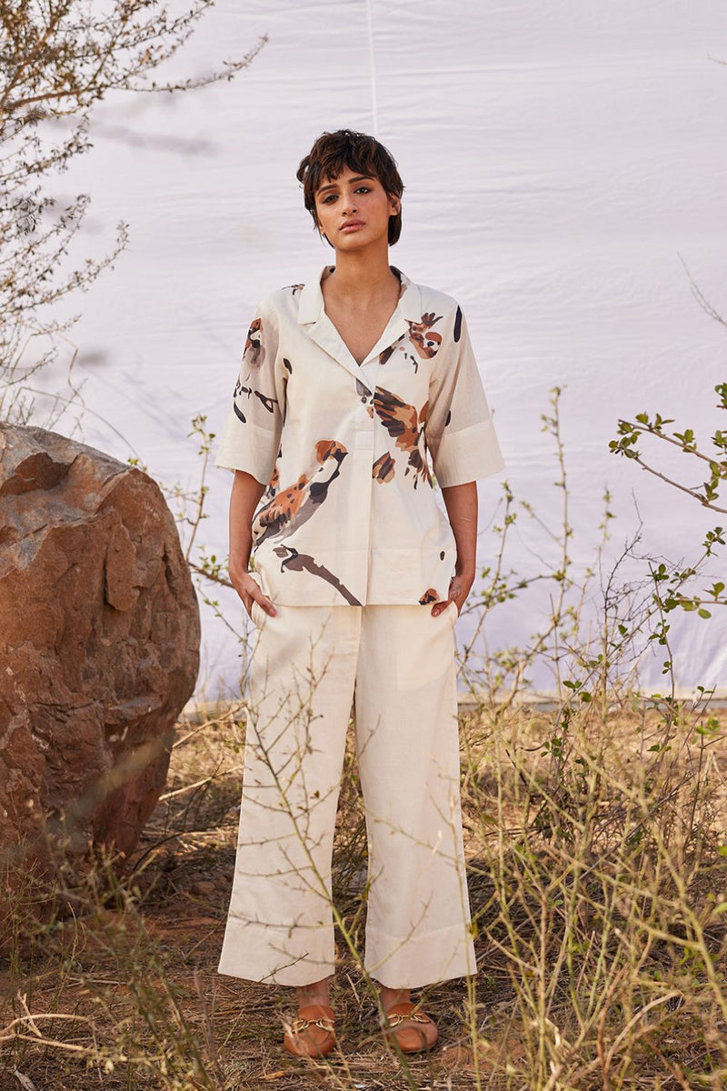 Chidiya co ord set cotton by Khara Kapas in white for women Worldwide