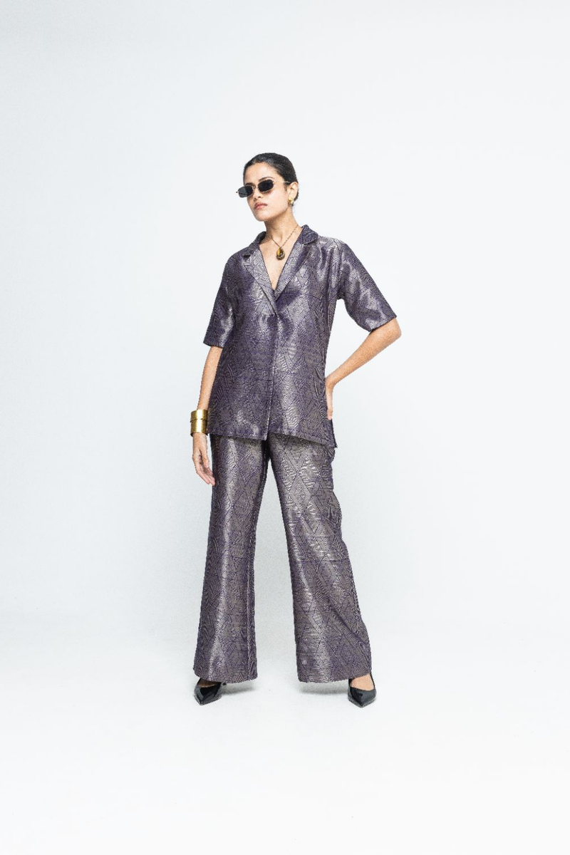 Metallic Purple Wrap Blazer Set - Purple satin by SOBARIKO in purple color for women Worldwide