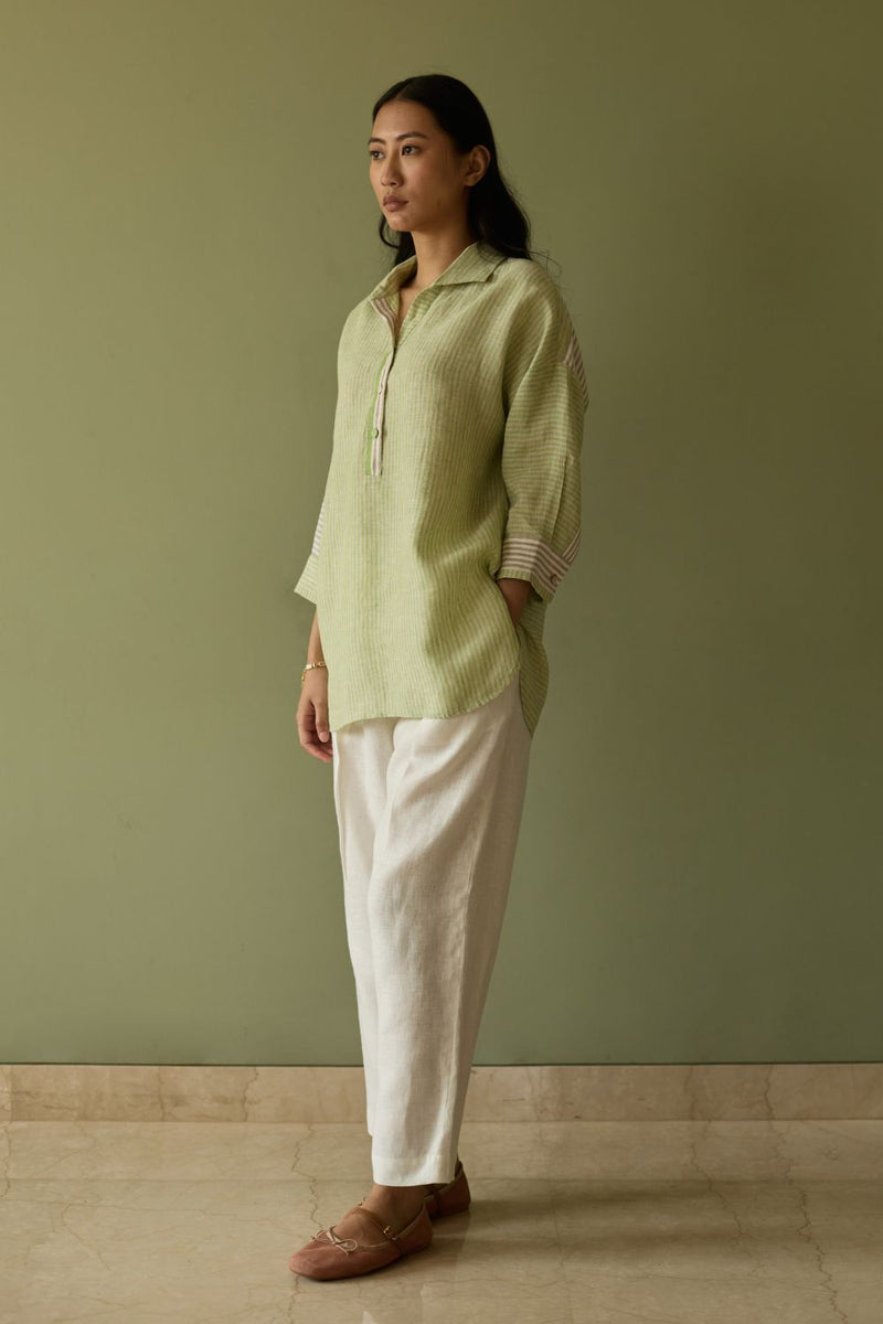 Risa Stripe Linen Shirt-Meadow linen by Manan in green color for women Worldwide