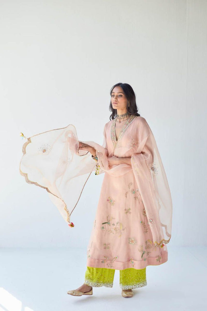 NUDE PINK JAAL ORGANZA KURTA SET Kurta Sets by Rajiramniq for women Worldwide