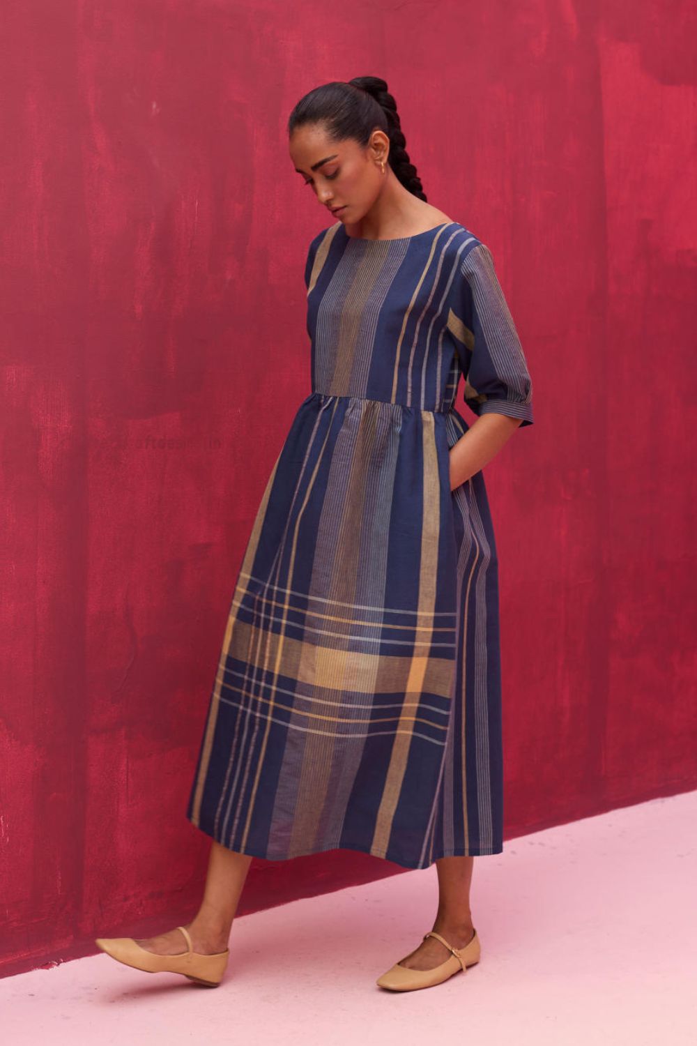 Nata Check Linen Dress - Navy