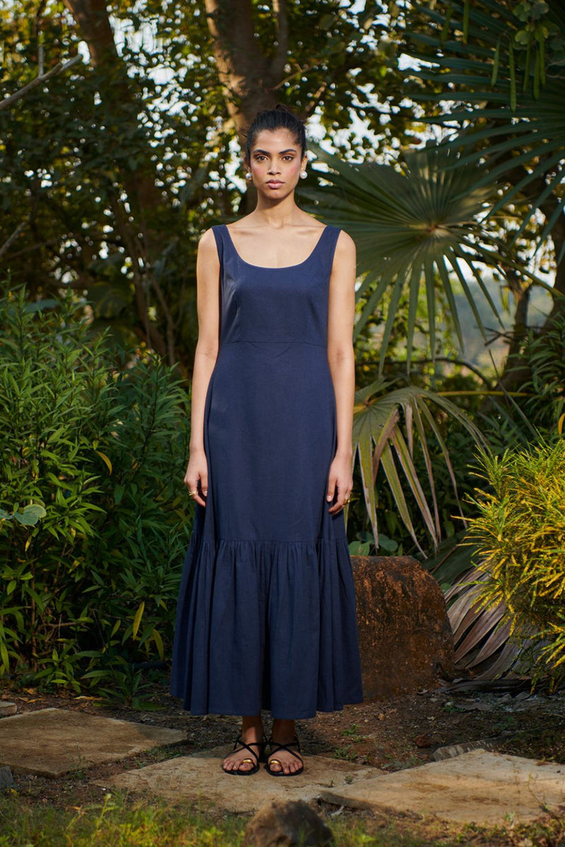 Navy Co-Linen Sleeveless Tiered Dress linen by Saphed in navy color for women Worldwide