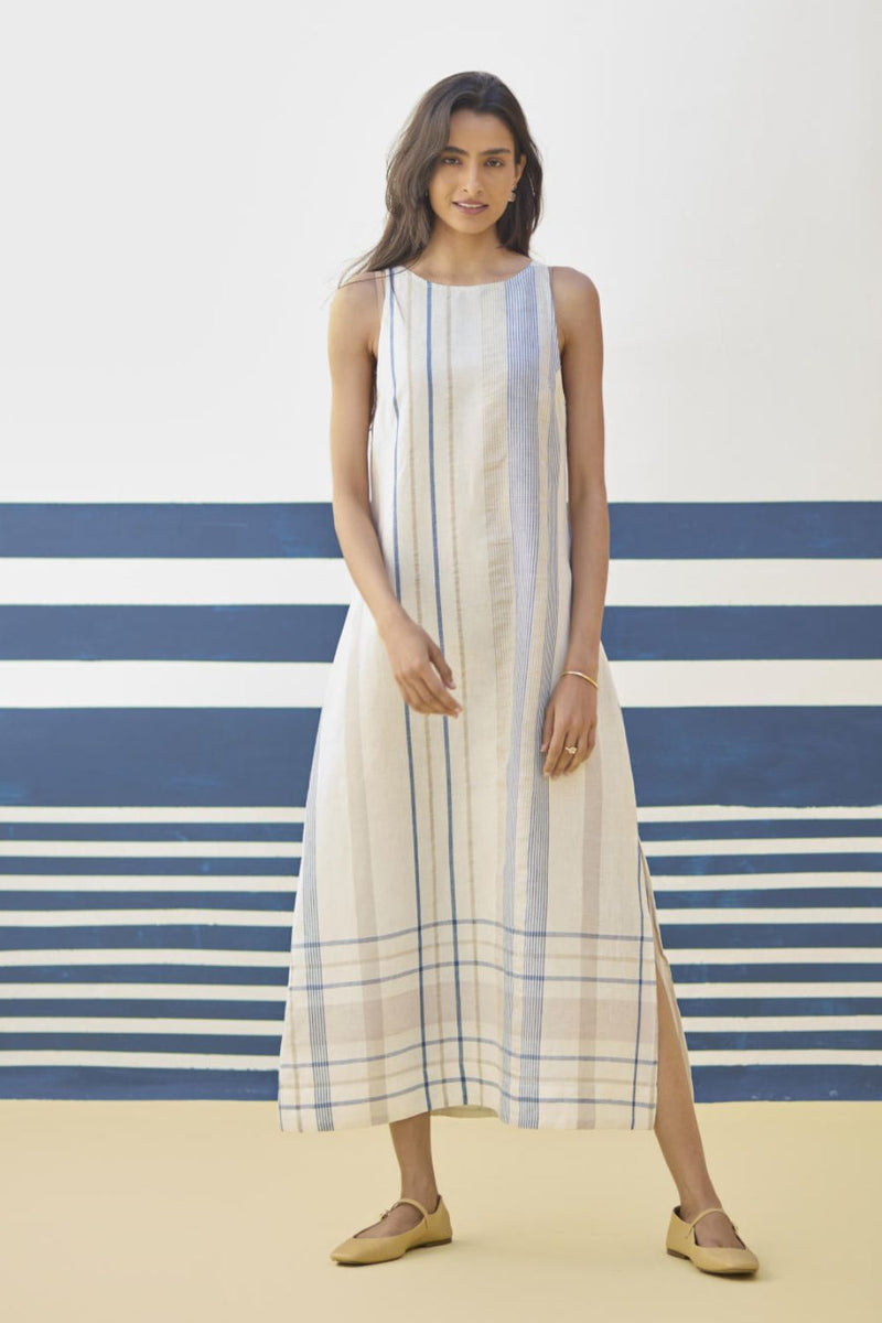 Inara Modern Check Linen Dress
 - Ivory linen by Manan in ivory color for women Worldwide