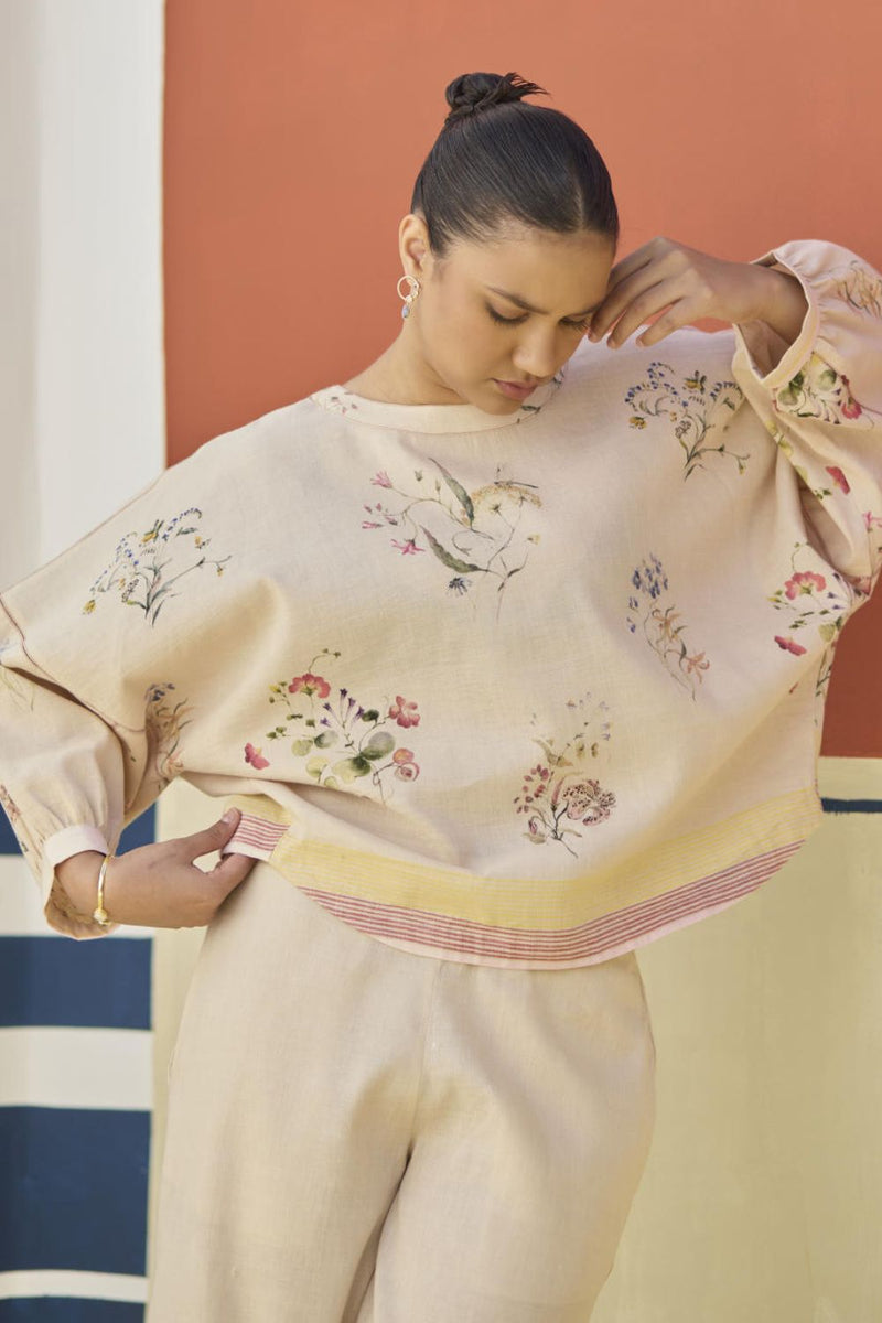 Myra Watercolor Floral Top - Sand by Manan in natural color for women Worldwide