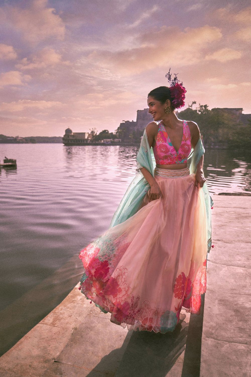 GUL NUDE PINK FLORAL LAHENGA SET organza by Rajiramniq for women Worldwide