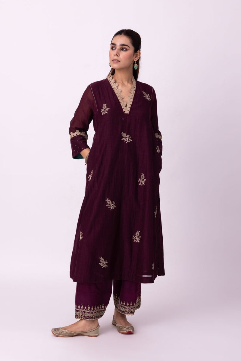 Amra Kurta chanderi kurta/kurta set by Shades of India in wine for women Worldwide