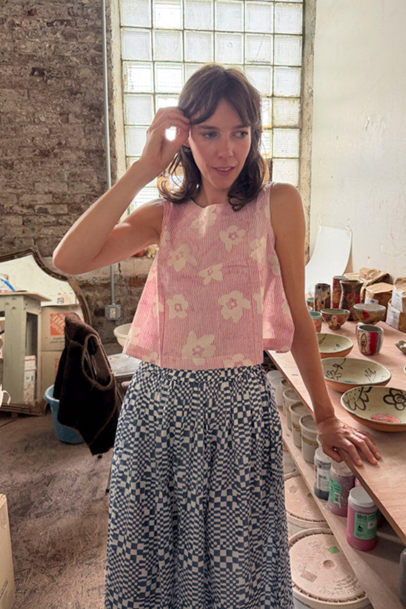 Swing Top-Pink Floral hand block printed cotton top/shirt by World of Crow in pink for women Worldwide