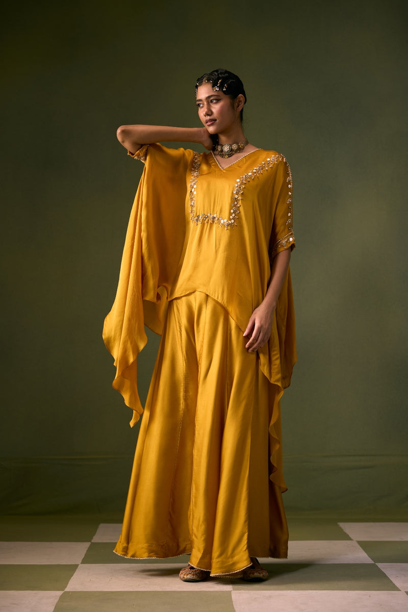 Cove Antifit Asymmetric Top with Flared Pants vegan satin, organza satin indo-western by PRAHNAAYA in musturd yellow for women Worldwide
