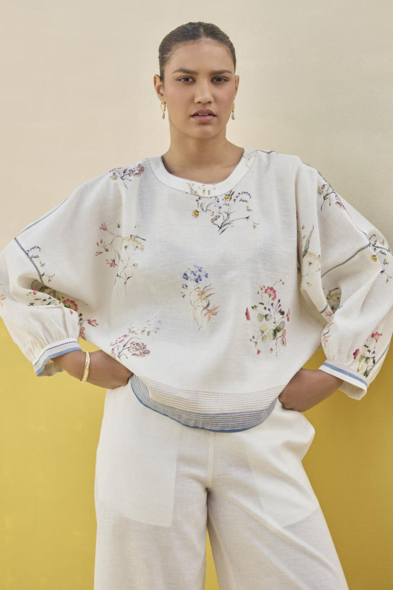 Myra Watercolor Floral Top - Ivory by Manan in ivory color for women Worldwide