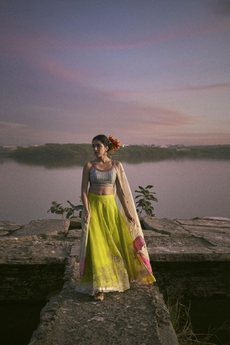 GUL BRIGHT GREEN FLORAL LAHENGA SET organza by Rajiramniq for women Worldwide