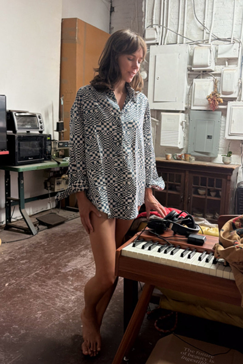 Artist Shirt–Indigo Checkerboard hand block printed cotton top/shirt by World of Crow in indigo blue for women Worldwide
