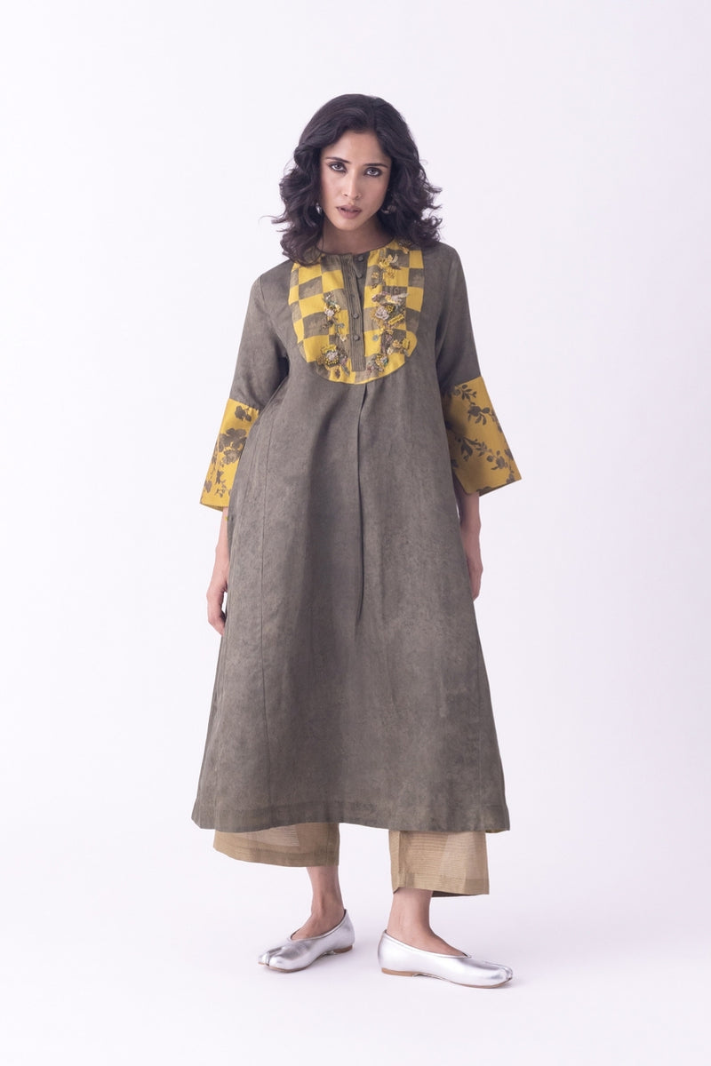 Aari-Kurta silk cotton satin kurta/kurta set by Shades of India in olive for women Worldwide
