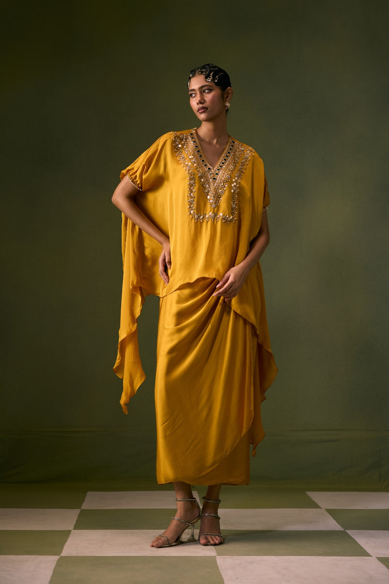 Cove Antifit Asymmetric Top with Wrap Skirt vegan satin, organza satin indo-western by PRAHNAAYA in musturd yellow for women Worldwide