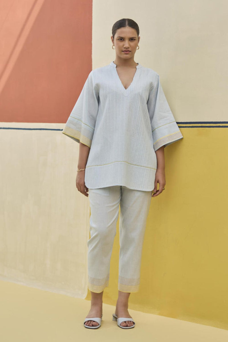 Neri Pintuck Border Linen Top - Sky by Manan in blue color for women Worldwide