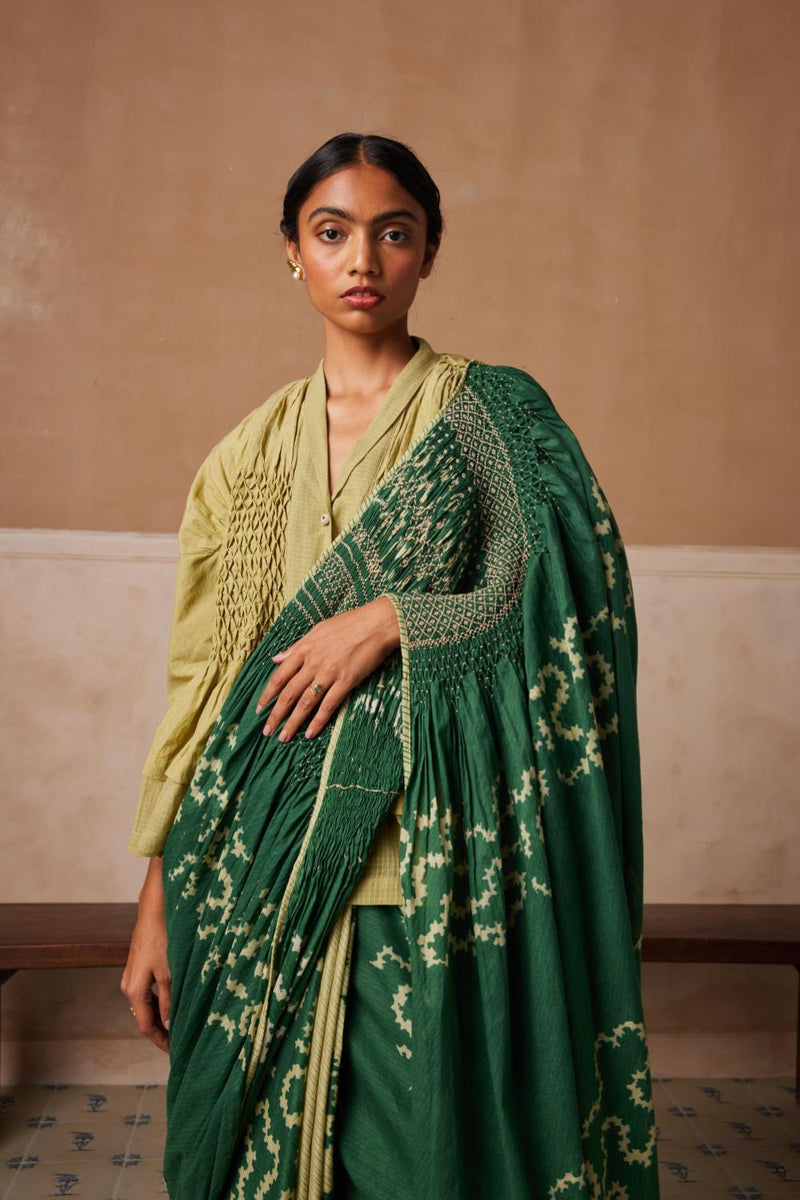 Smocked Saree-Emerald Spiral cotton by CORD for women Worldwide