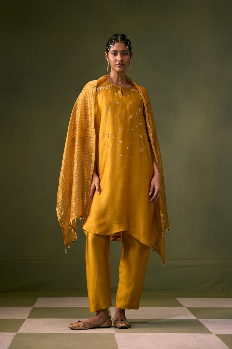 Acove Antifit Kurta Set vegan satin, organza satin kurta/kurta set by PRAHNAAYA in musturd yellow for women Worldwide