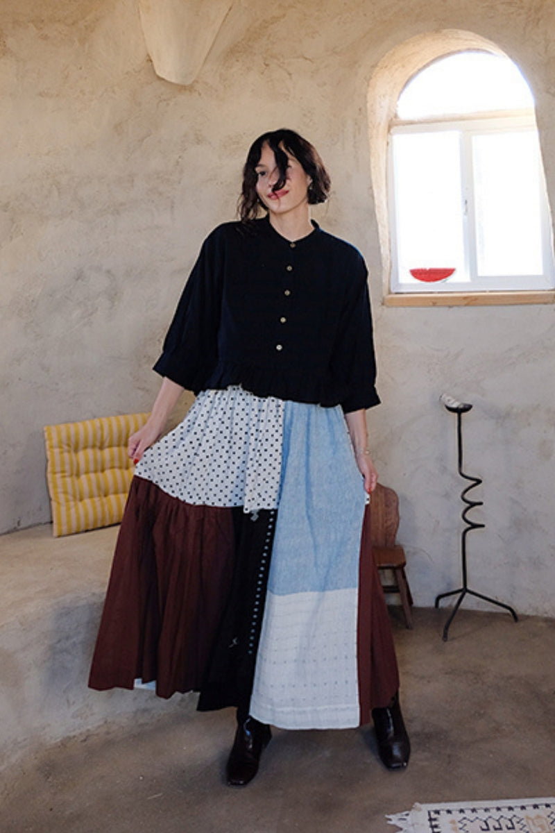 Oxford Skirt-Earthy Block handwoven cotton skirt by World of Crow in multi-color for women Worldwide