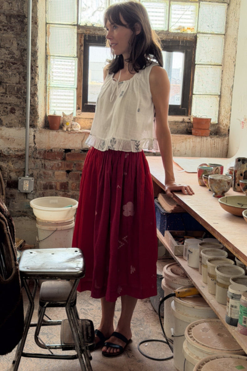 The Joy Skirt-Pink & Red cotton jamdani skirt by World of Crow in crimson red for women Worldwide