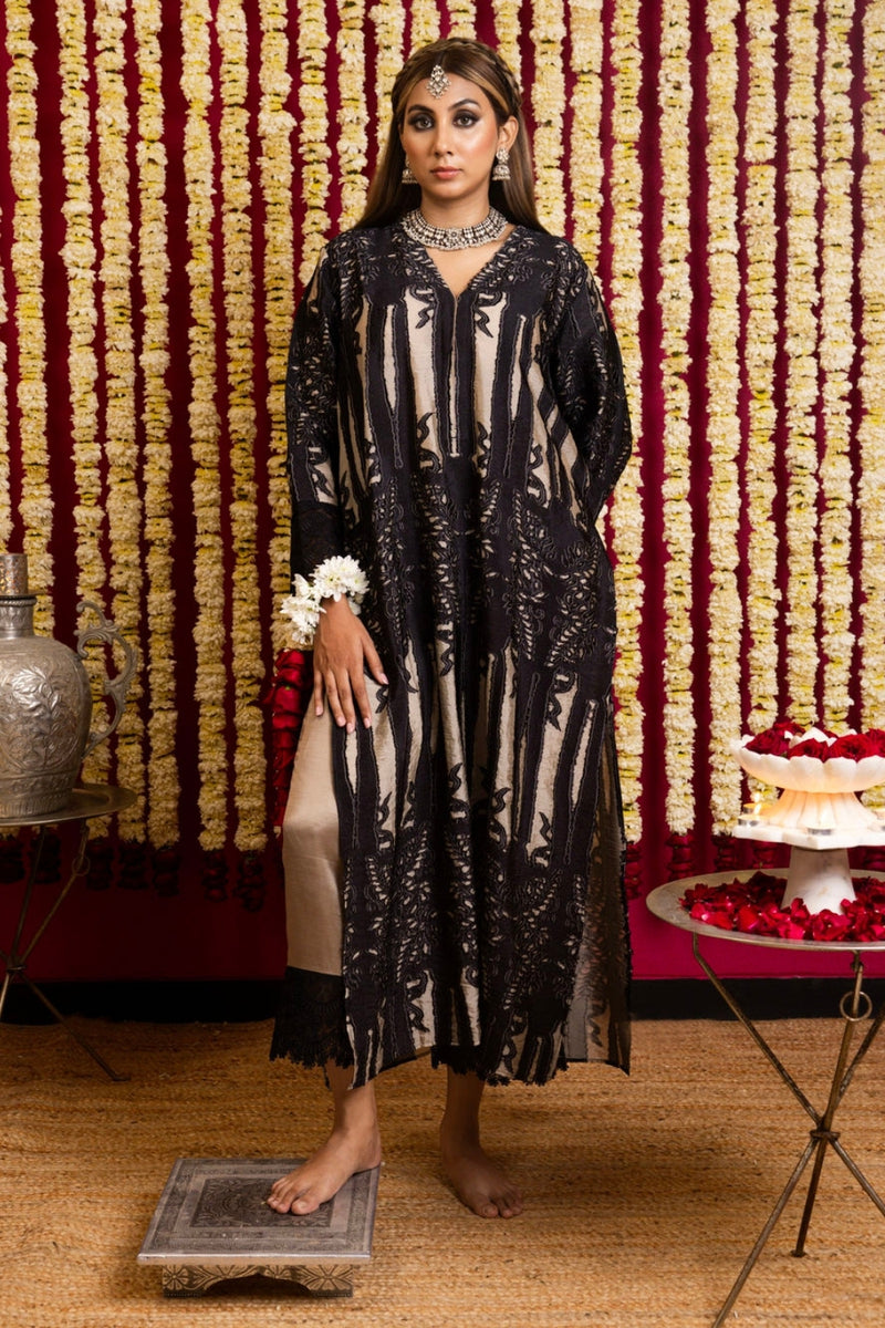 Khaki Appliqué Long Tunic Set-Khaki khaki silk kurta/kurta set by Sabo by Sabina in beige for women Worldwide