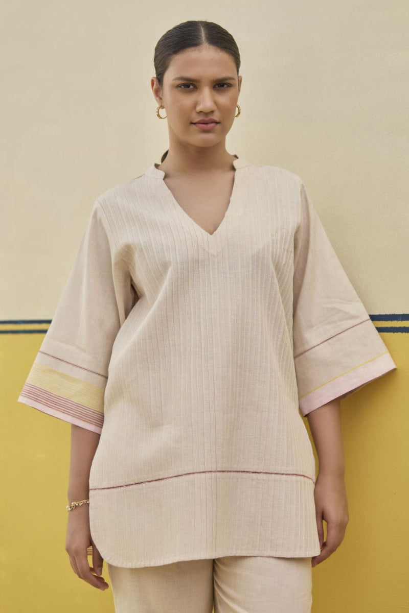 Neri Pintuck Border Linen Top - Sand by Manan in brown color for women Worldwide