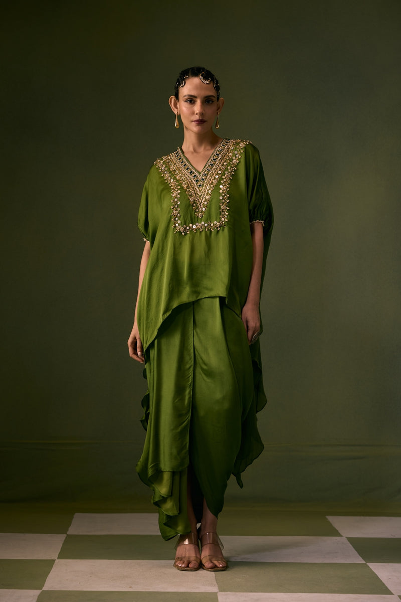 Cove Antifit Asymmetric Top with Pleated Skirt vegan satin, organza satin indo-western by PRAHNAAYA in green for women Worldwide