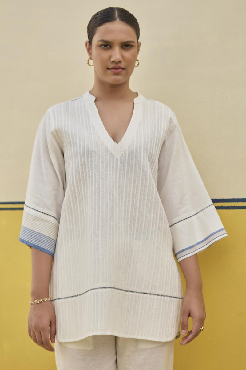 Neri Pintuck Border Linen Top - Ivory by Manan in ivory color for women Worldwide
