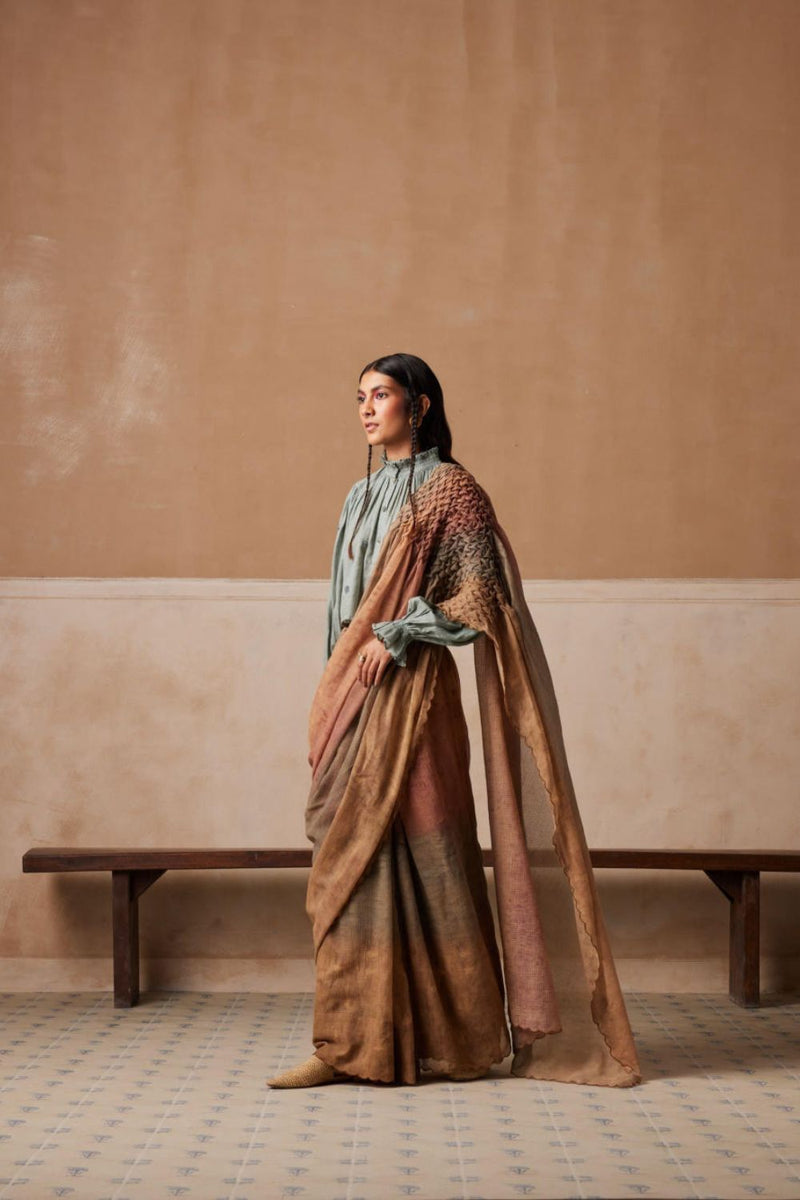 Smocked Saree-Tan cotton by CORD for women Worldwide