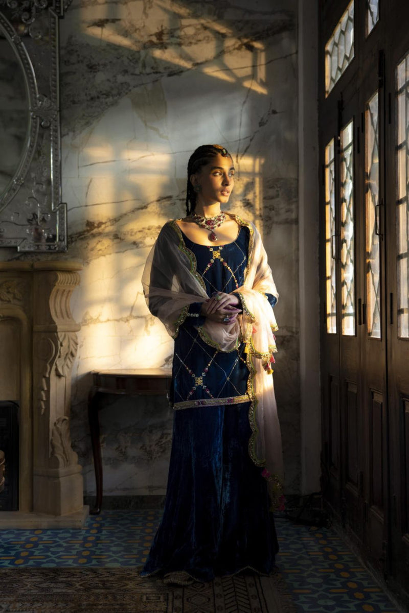 Fariba Blue Silk Velvet Sharara Set Kurta Sets by Rajiramniq for women Worldwide