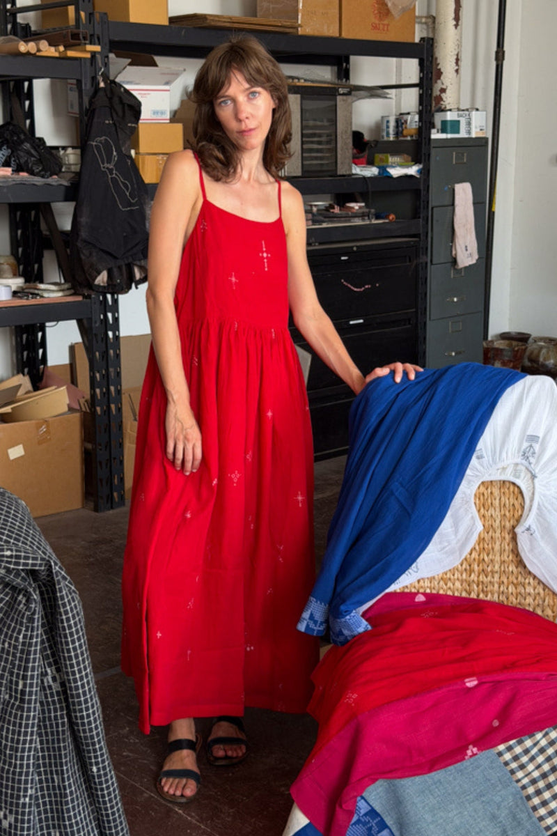 The Block Bloom Midi Dress-Red cotton jamdani dress by World of Crow in red for women Worldwide