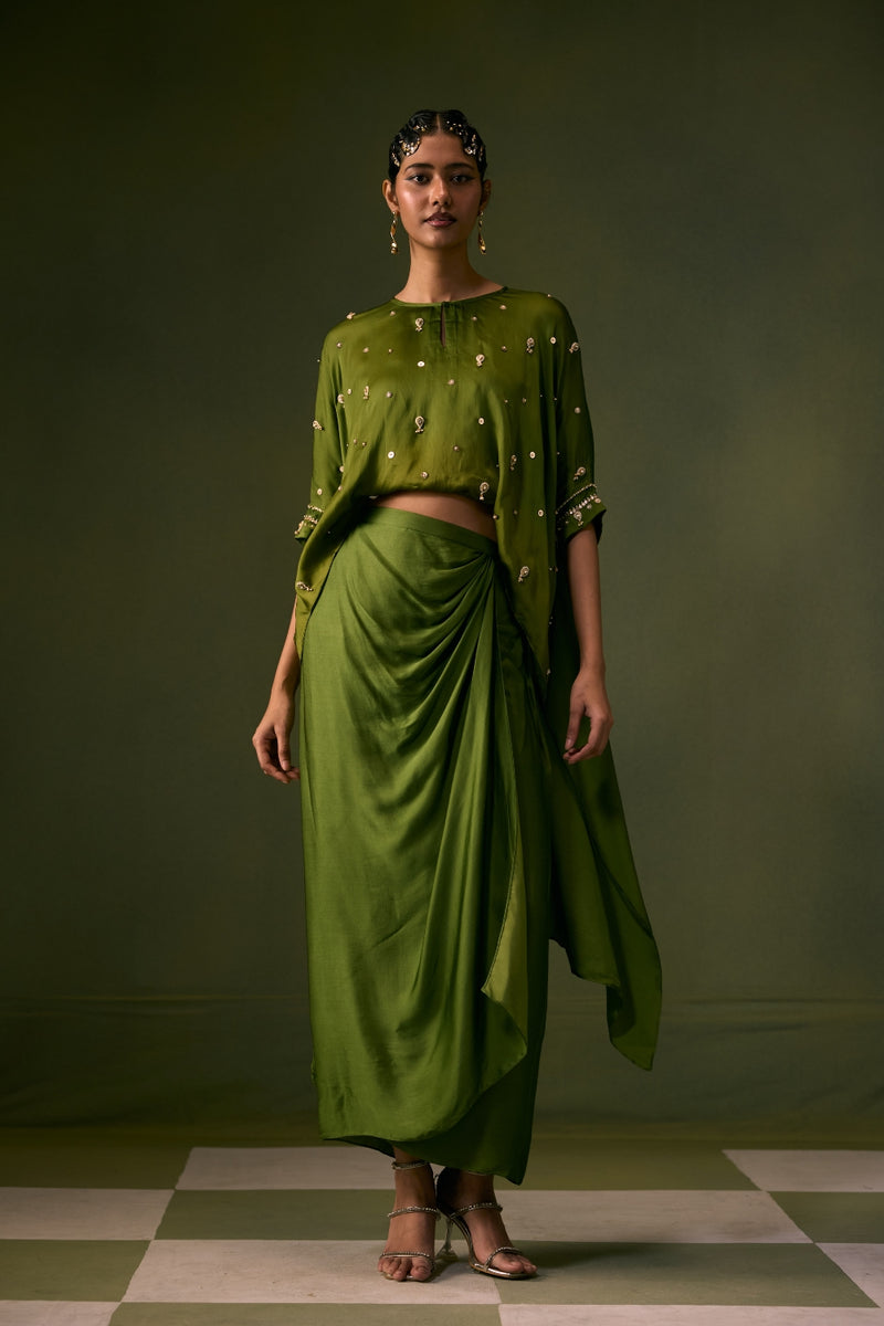 Nexa Lite Antifit Top with Wrap Skirt vegan satin, organza satin indo-western by PRAHNAAYA in green for women Worldwide