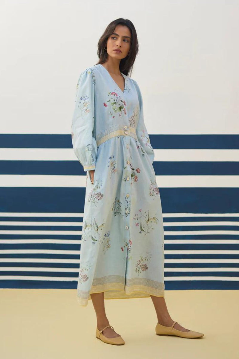 Greta Floral Linen Dress - Sky linen by Manan in blue color for women Worldwide