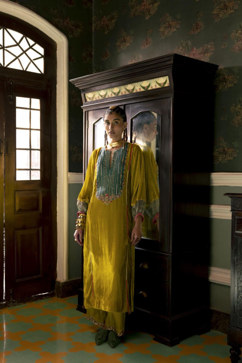 Fariba Lime Yellow Velvet Back Pleat Yoke Kurta Set Kurta Sets by Rajiramniq for women Worldwide