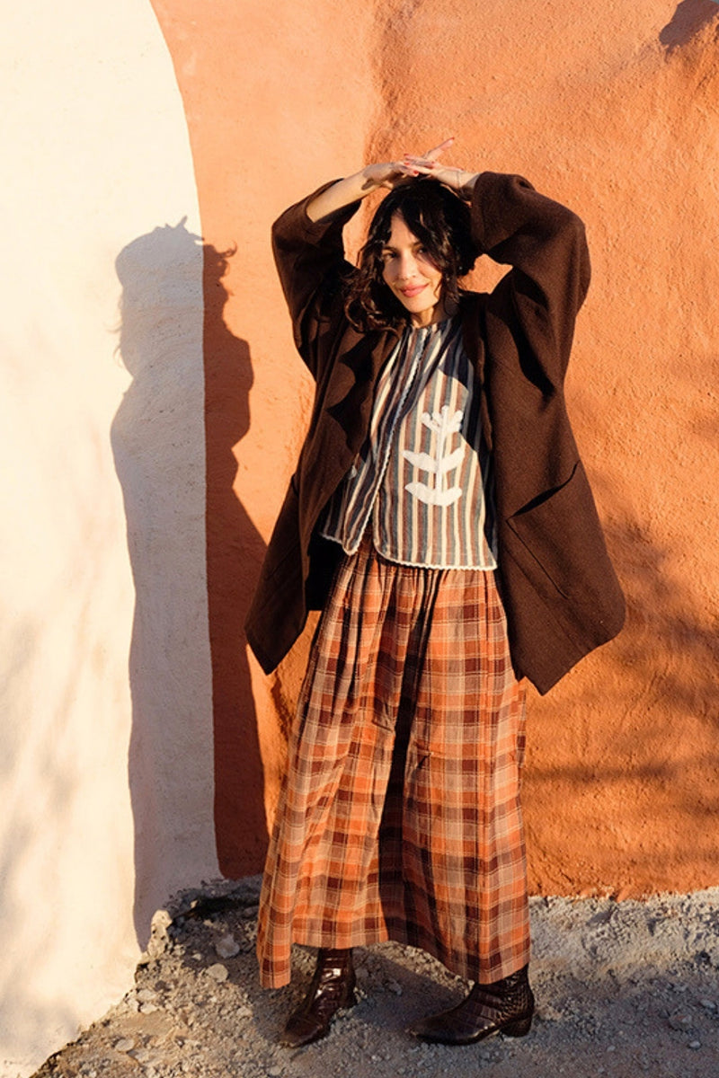 The Brown Vintage Artist Coat 100% handloom, hand-spun, and hand-woven natural himalayan sheep wool jacket/overlay by World of Crow in brown for women Worldwide