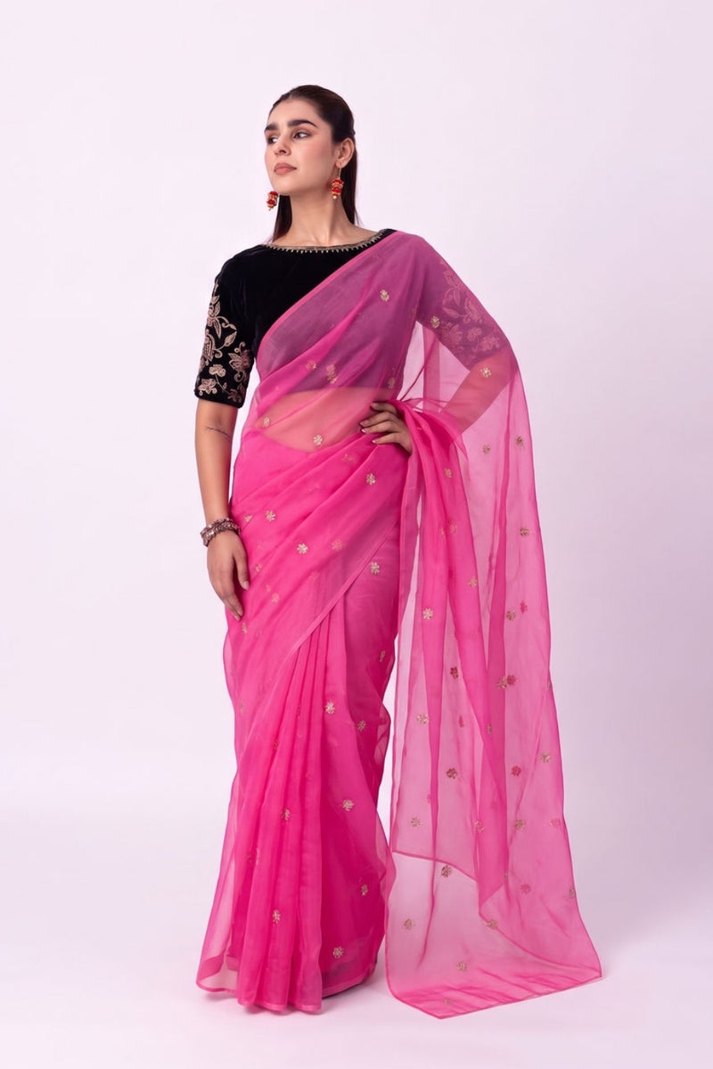 Naqsh Saree silk organza saree by Shades of India in pink for women Worldwide