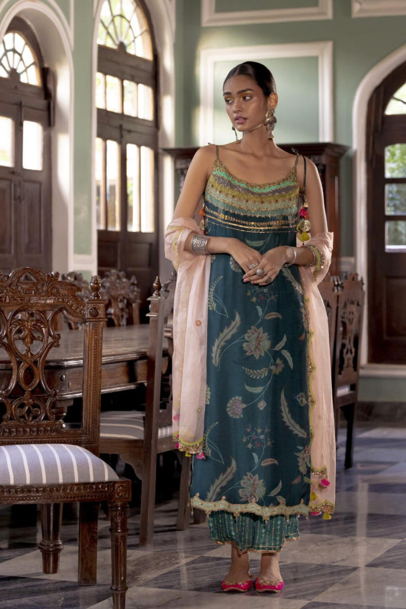 Fariba Teal Organza Kurta Set Kurta Sets by Rajiramniq for women Worldwide