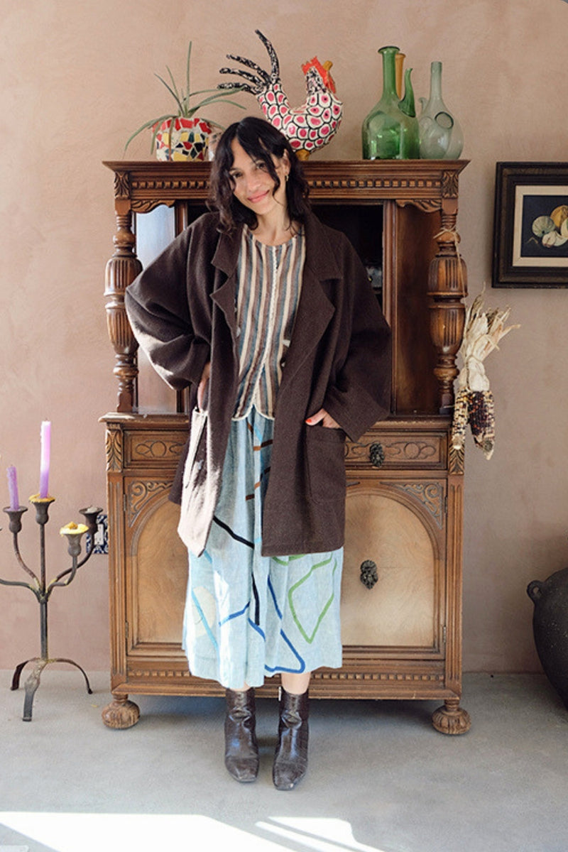 The Brown Vintage Artist Coat 100% handloom, hand-spun, and hand-woven natural himalayan sheep wool jacket/overlay by World of Crow in brown for women Worldwide