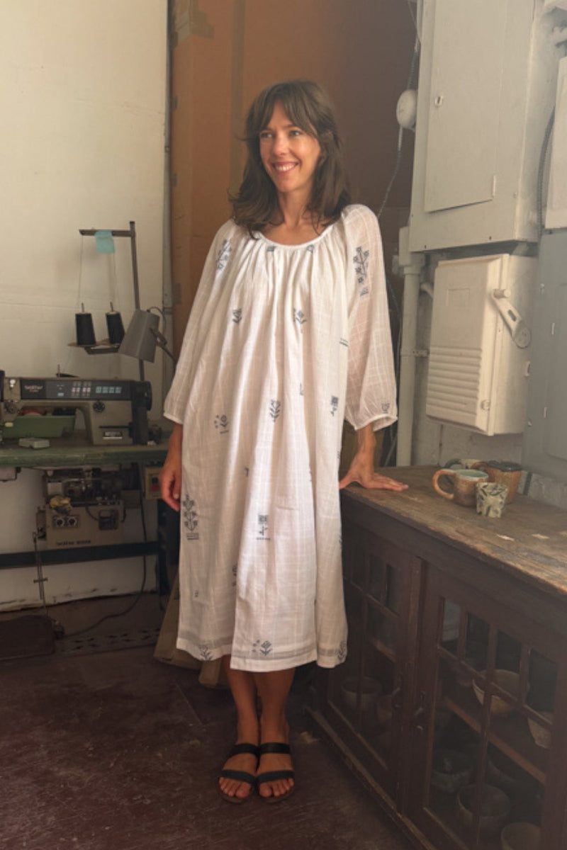 The Scoop-Neck Gathered Dress-White cotton jamdani dress by World of Crow in white for women Worldwide