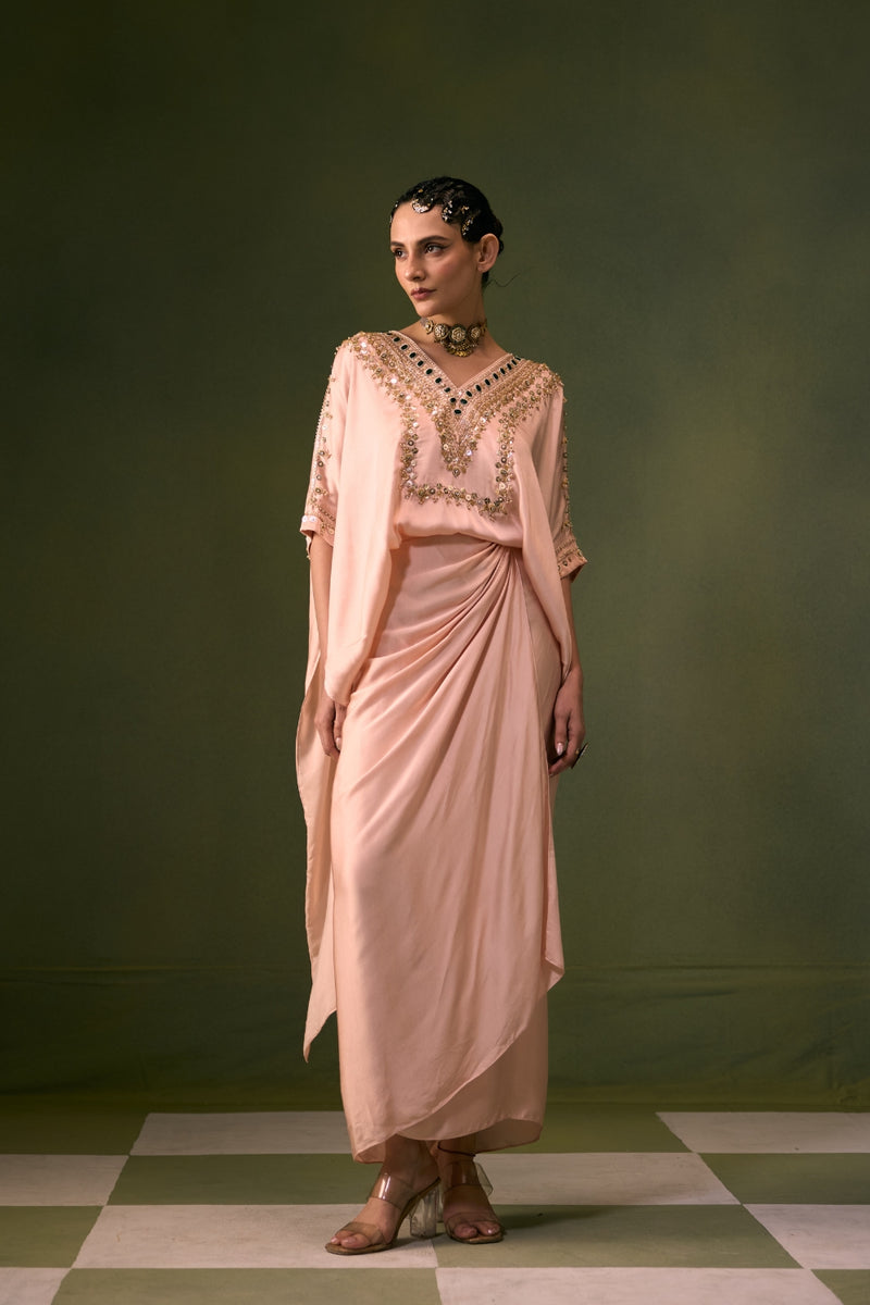 Nexa Tea Rose Antifit Top with Wrap Skirt vegan satin indo-western by PRAHNAAYA in pink for women Worldwide
