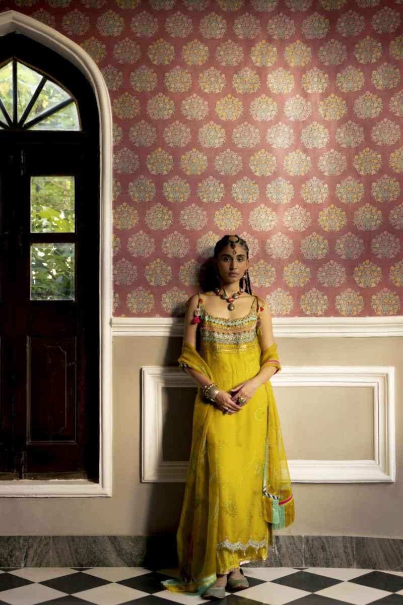 Fariba Lime Yellow Oganza Kurta Set Kurta Sets by Rajiramniq for women Worldwide