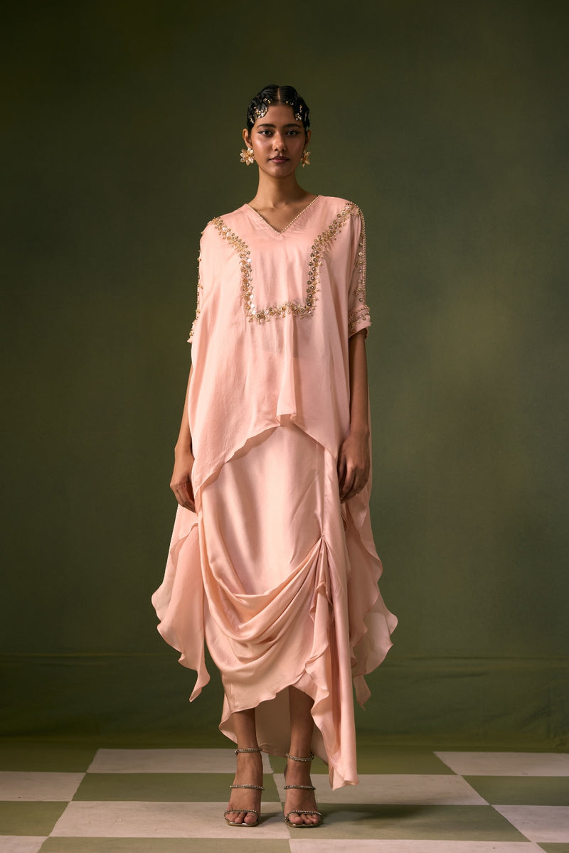 Cove Lite Antifit Asymmetric Top & Cowl Skirt satin, organza satin indo-western by PRAHNAAYA in pink for women Worldwide